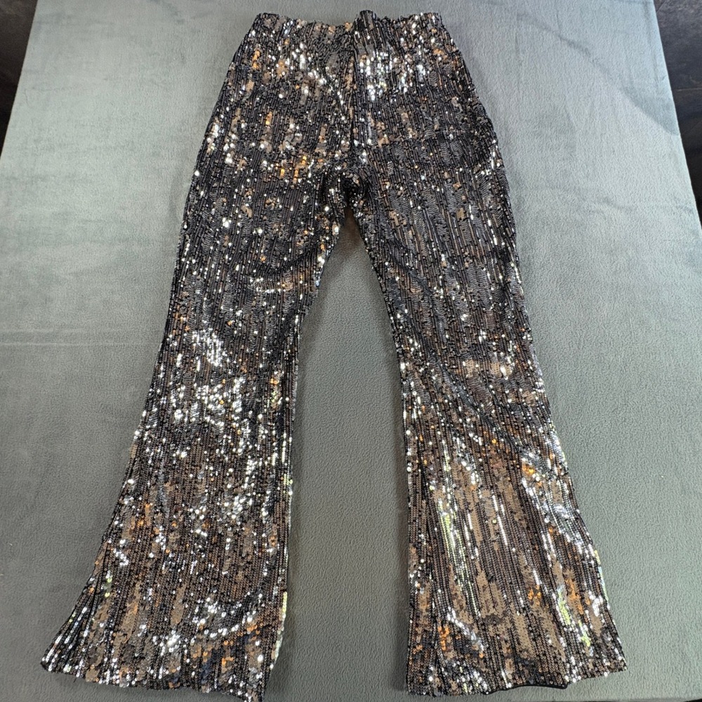 No Boundaries Womens Silver Sequin Flare Leg Pants Black High Waist Large 12-14 - Picture 2 of 6